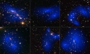 Six galaxy clusters with their dark matter indicated in blue.