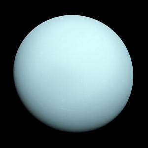 A visible light image of Uranus by Voyager 2 shows almost no features.