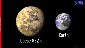 Artistic representation of the potentially habitable exoplanet Gliese 832 c as compared with Earth.