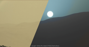 A daytime Martian sky (left) vs a Martian sunset (right).