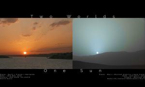 A sunset as seen from Earth (left) and from Mars (right).