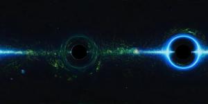 This simulated image shows how black holes bend a starry background and capture light.