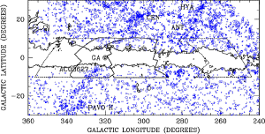 A map of galaxies with the zone of avoidance indicated.