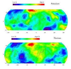 Maps of thorium and potassium concentrations on Mars.