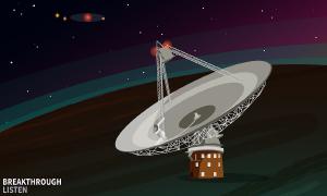Illustration of a radio telescope listening for signals from an alien civilization.