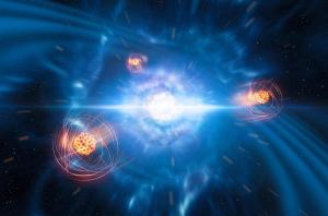 Artist’s impression of strontium emerging from a neutron star merger.
