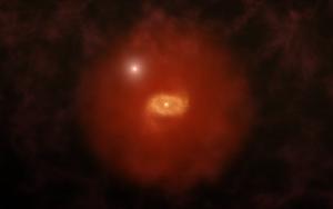 Artist impression of a super halo surrounding a young galaxy.