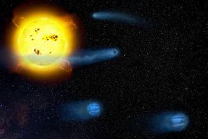 Illustration of four baby planets in the V1298 Tau system in the process of becoming super-Earths and sub-Neptunes.