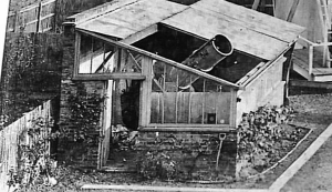18 inch (46cm) Newtonian reflector telescope erected by British astronomer Andrew Ainslie Common in his garden shed around 1876 at his house in Ealing.