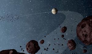 Artist impression of asteroids coorbital with Jupiter.