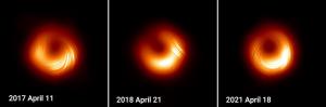 Three polarized light images of M87\* from 2017, 2018, and 2021. The images differ, showing how the black hole is changing over time.