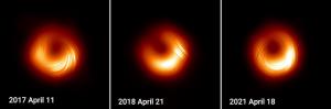 Three polarized light images of M87\* from 2017, 2018, and 2021. The images differ, showing how the black hole is changing over time.