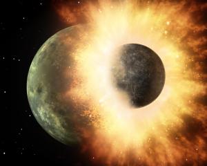 Artist’s concept of a celestial body about the size of our moon slamming at great speed into a body the size of Mercury.
