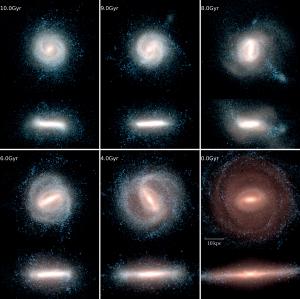 Computer simulation of a collision producing a barred spiral.