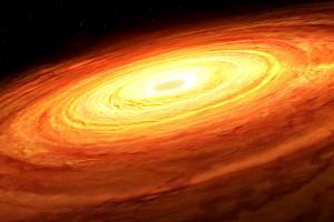 An artist’s impression of an accretion disk rotating around an unseen supermassive black hole. 