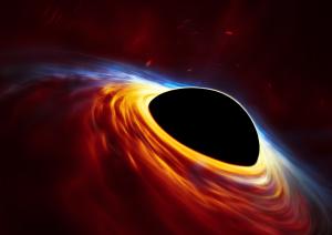 This artist’s impression depicts a rapidly spinning supermassive black hole surrounded by an accretion disc.