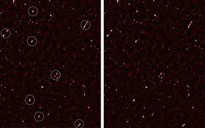 Astronomers have circled galaxies in this deep-sky radio image, whose central supermassive black holes have jets that are aligned.