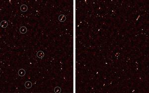 Astronomers have circled galaxies in this deep-sky radio image, whose central supermassive black holes have jets that are aligned.
