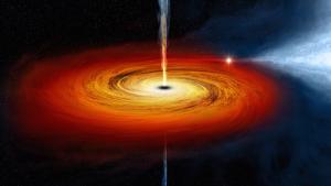 Artist view of a binary black hole and its accretion disk.