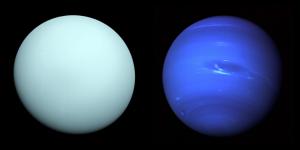 A comparison of Uranus (left) and Neptune (right).