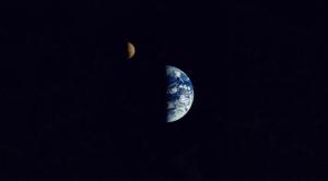 An image of the Earth and Moon from the Galileo spacecraft.