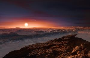 Artist’s impression shows a view of the surface of the planet Proxima b orbiting the red dwarf star Proxima Centauri.