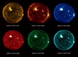 GOES-17 Solar Ultraviolet Imager captures the Sun at different wavelengths.