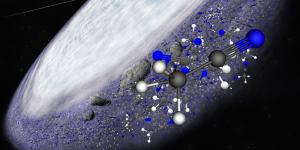 Artist impression of methyl cyanide in the protoplanetary disc surrounding the young star MWC 480.