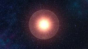 Illustration of a Dyson swarm - a large number of independent constructs orbiting in a dense formation around the star.