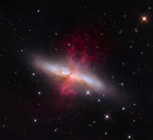 M82 is a starburst galaxy with strong galactic winds.