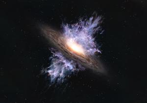 Artist’s impression of a galactic wind driven by a supermassive black hole located in the center of a galaxy.