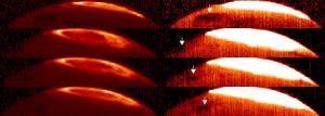 The Great Cold Spot (indicated by the white arrow) it seen near the hot region of Jupiter’s magnetic pole.