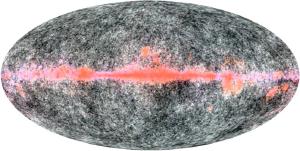 False color image representing the spectral information of the cosmic microwave background.