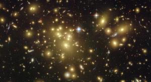 Dark matter shows its presence in large galactic clusters like Abell 1689.