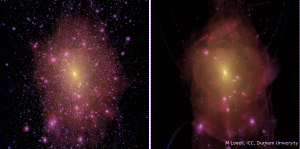 A comparison of a cold dark matter galaxy with a sterile neutrino galaxy. Credit: M Lovell/ICC Durham