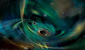 A pair of monster black holes swirl in a cloud of gas in this artist’s concept of AT 2021hdr.