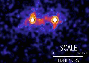 Dark matter filaments bridge the space between galaxies in this false-color map.