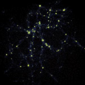 A computer simulation showing filaments of dark matter between clusters of galaxies.