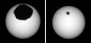 Phobos (left) and Deimos (right) transiting the Sun.