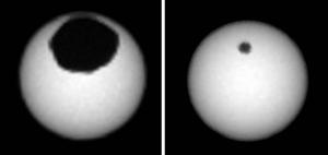 Phobos (left) and Deimos (right) transiting the Sun.