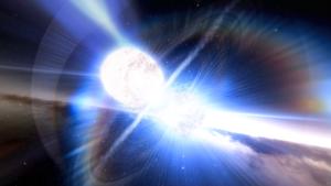Artist’s impression of merging neutron stars creating a kilonova.
