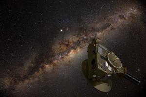 Artist view of the New Horizons spacecraft against a sea of stars.