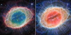 The Ring Nebula seen by JWST's Near-Infrared Camera (left) and Mid-Infrared Instrument (right).
