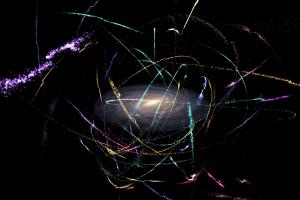 Simulated stellar streams arc around the Milky Way.