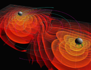 A simulation of two black holes producing gravitational waves as they merge.