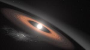 Illustration of a debris disk around a white dwarf star.