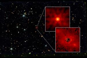 The J0148 quasar circled in red. Two insets show, on top, the central black hole, and on bottom, the stellar emission from the host galaxy.