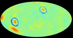 Hypothetical 'bruises' on the CMB due to collisions with other pocket universes.
