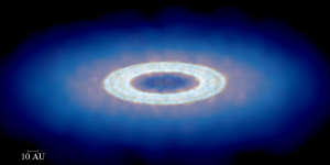 An image of a protoplanetary disk, made using results from the new model, after the formation of a spontaneous dust trap, visible as a bright dust ring.