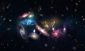 Artist depiction of an early cluster of galaxies.